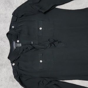 White House Black Market Black Silk Blouse Sz 2 Collarless Ruffle Popover Shirt